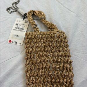 Zara Gold Woven Tote Bag NWT